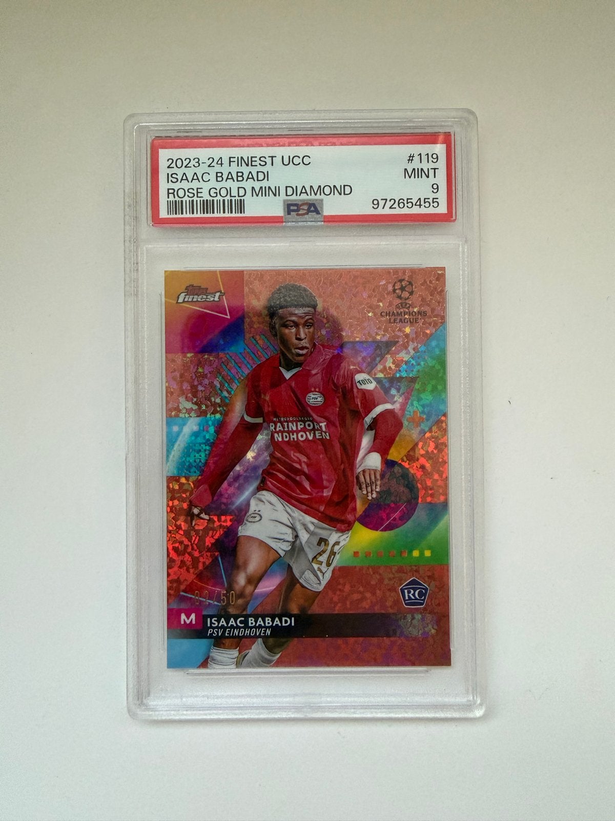 PSA 9 Isaac Babadi 2023-24 Finest UCC Rose Gold Mini Diamond, Ophalen of Verzenden, Zo goed als nieuw, PSV, Spelerskaart