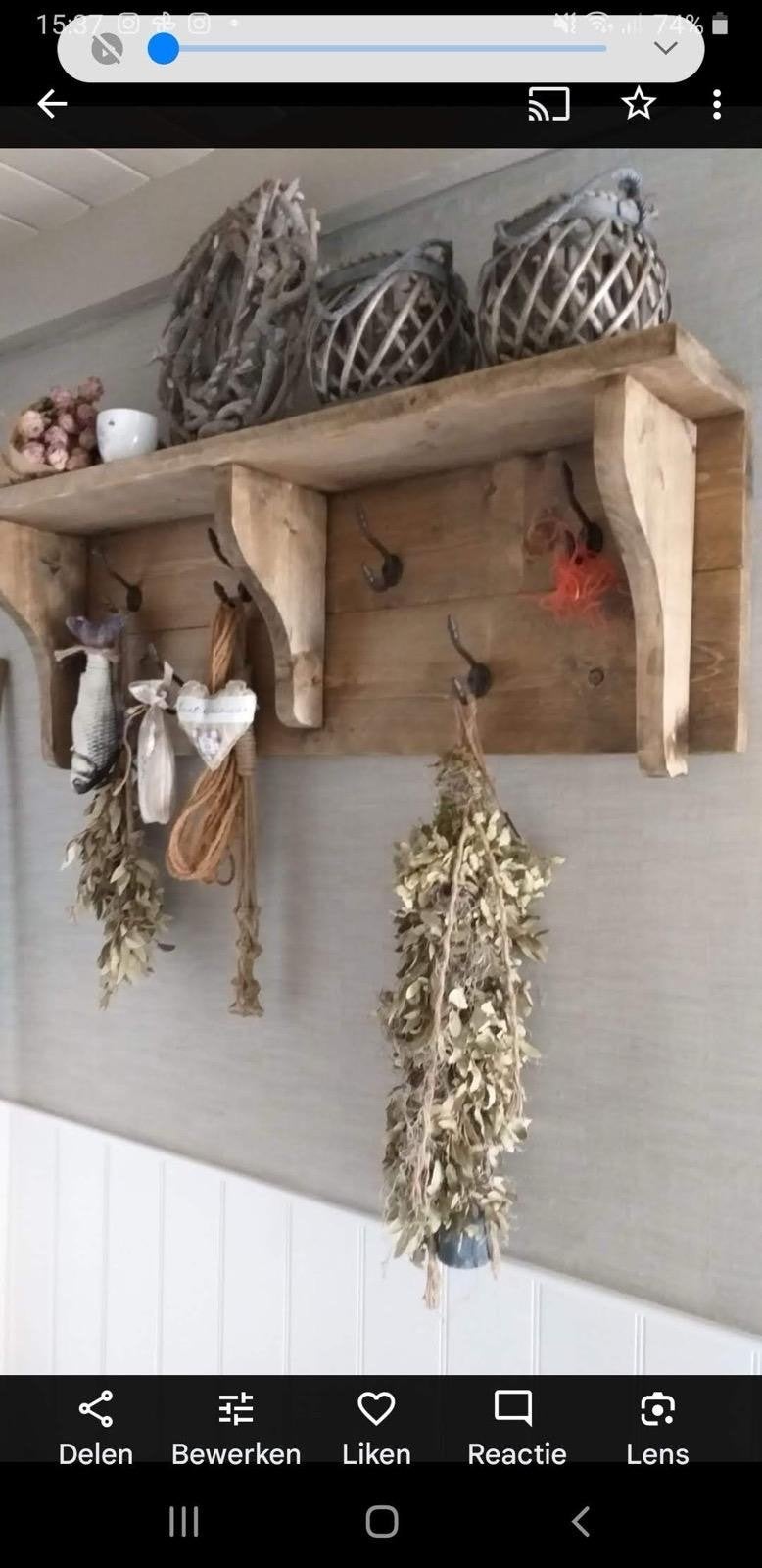 Houten wandkapstok met plank en haken - 125x45 cm, Gebruikt, Minder dan 100 cm, Hout, Ophalen
