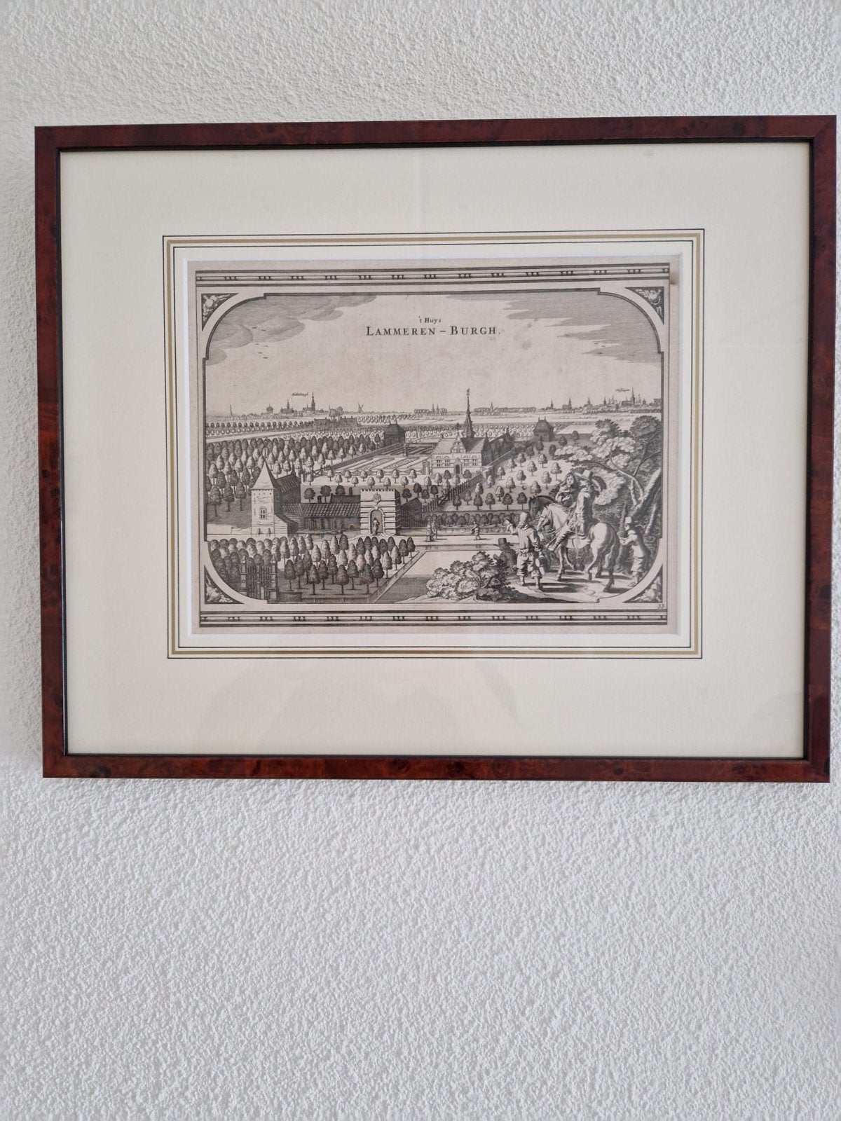 Kopergravure 'Lammeren-Burgh' door Visscher, ca. 1670, Ingelijst, Gravure, Landschap, 1600 - 1699