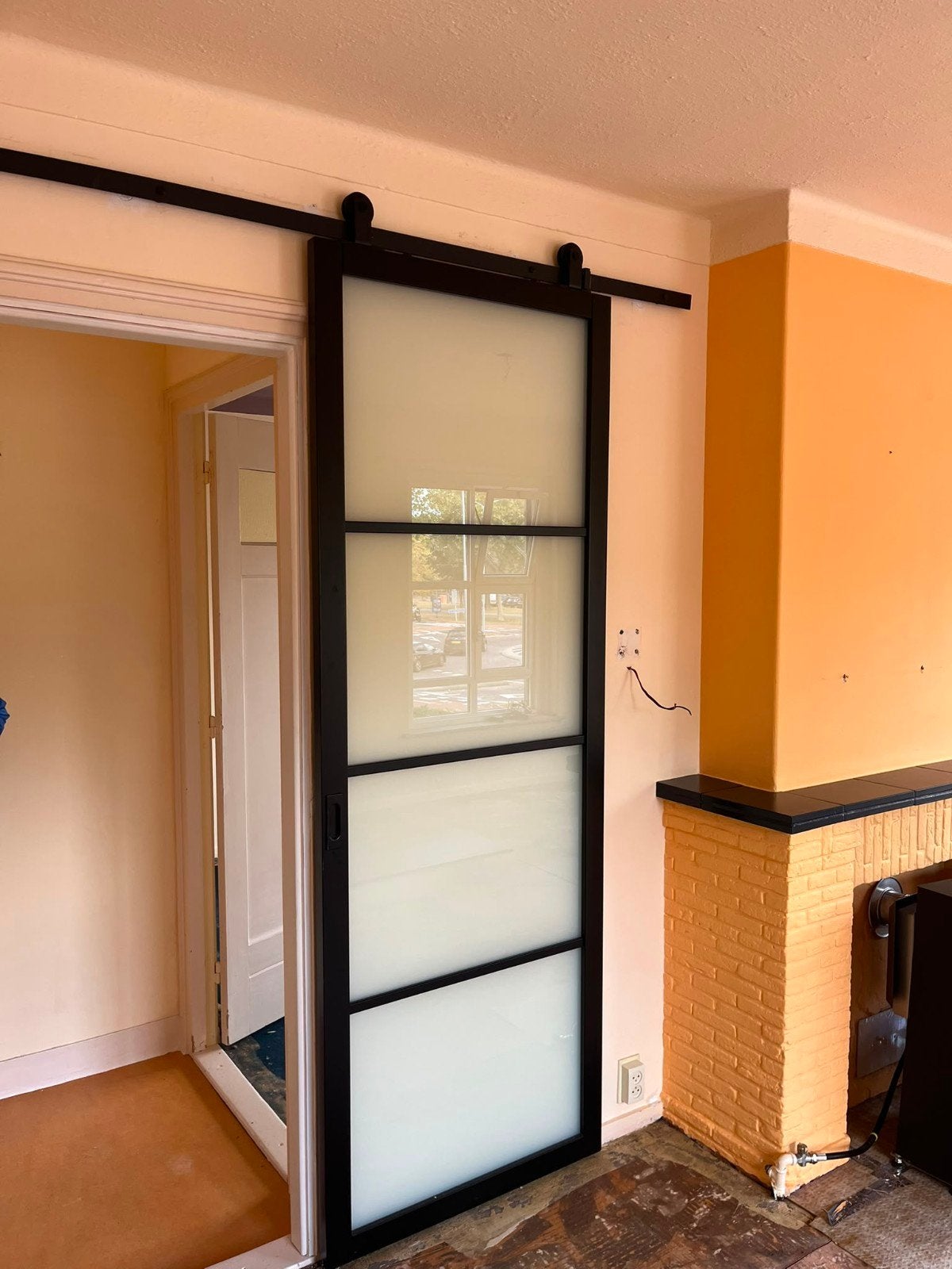 mooie stalen schuifdeur met melkglas, Ophalen, 80 tot 100 cm, 215 cm of meer, Binnendeur