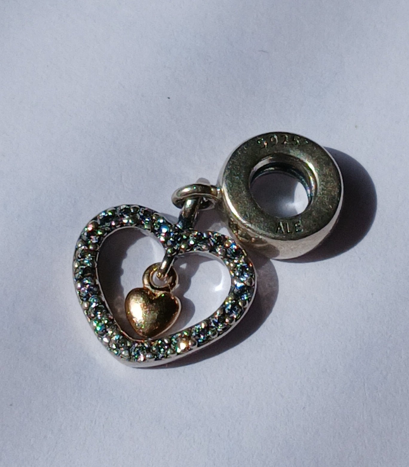 Pandora bedel hart met strass en gouden hartje, Pandora, Ophalen of Verzenden, Zo goed als nieuw, 1 bedel