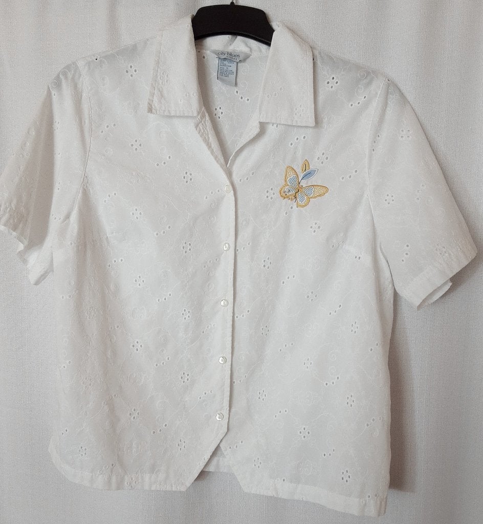 Dames blouse broderie, Verzenden, Zo goed als nieuw, Maat 42/44 (L), Wit