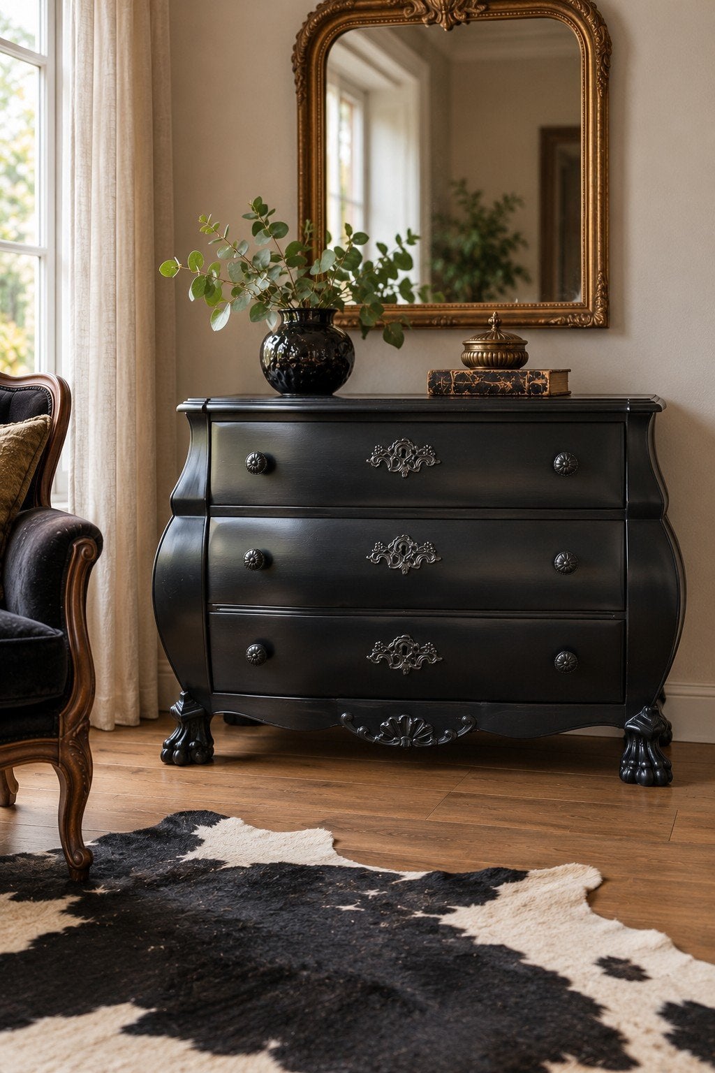Zwarte Barok Commode met 3 Lades en Sierlijke Details, Ophalen