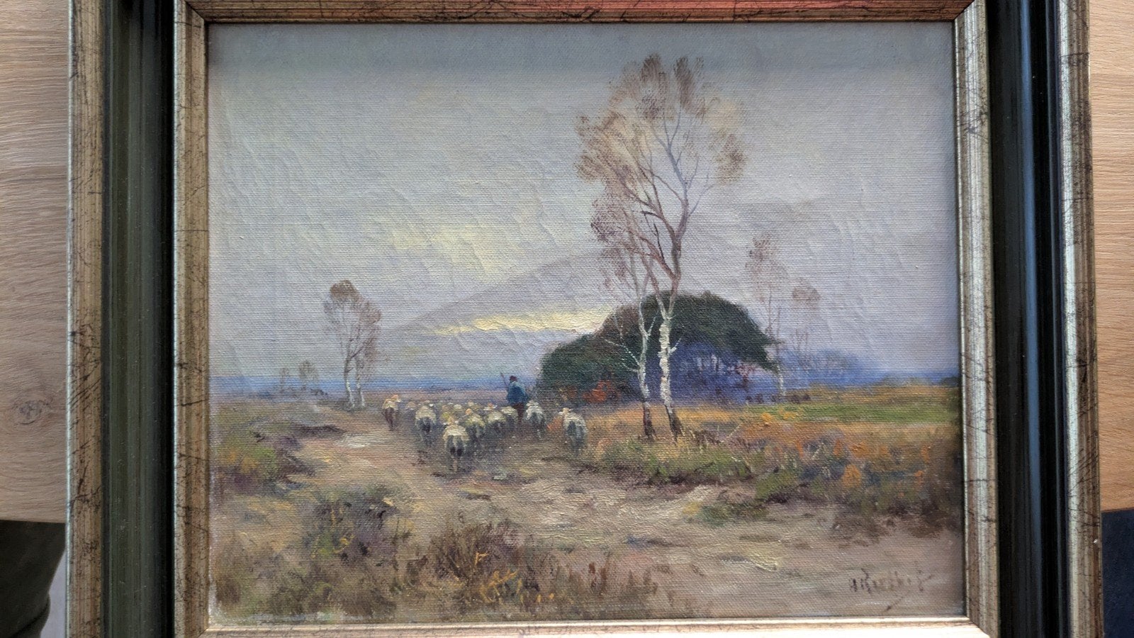 Olieverfschilderij Herder met schapen op de heide, Ophalen of Verzenden