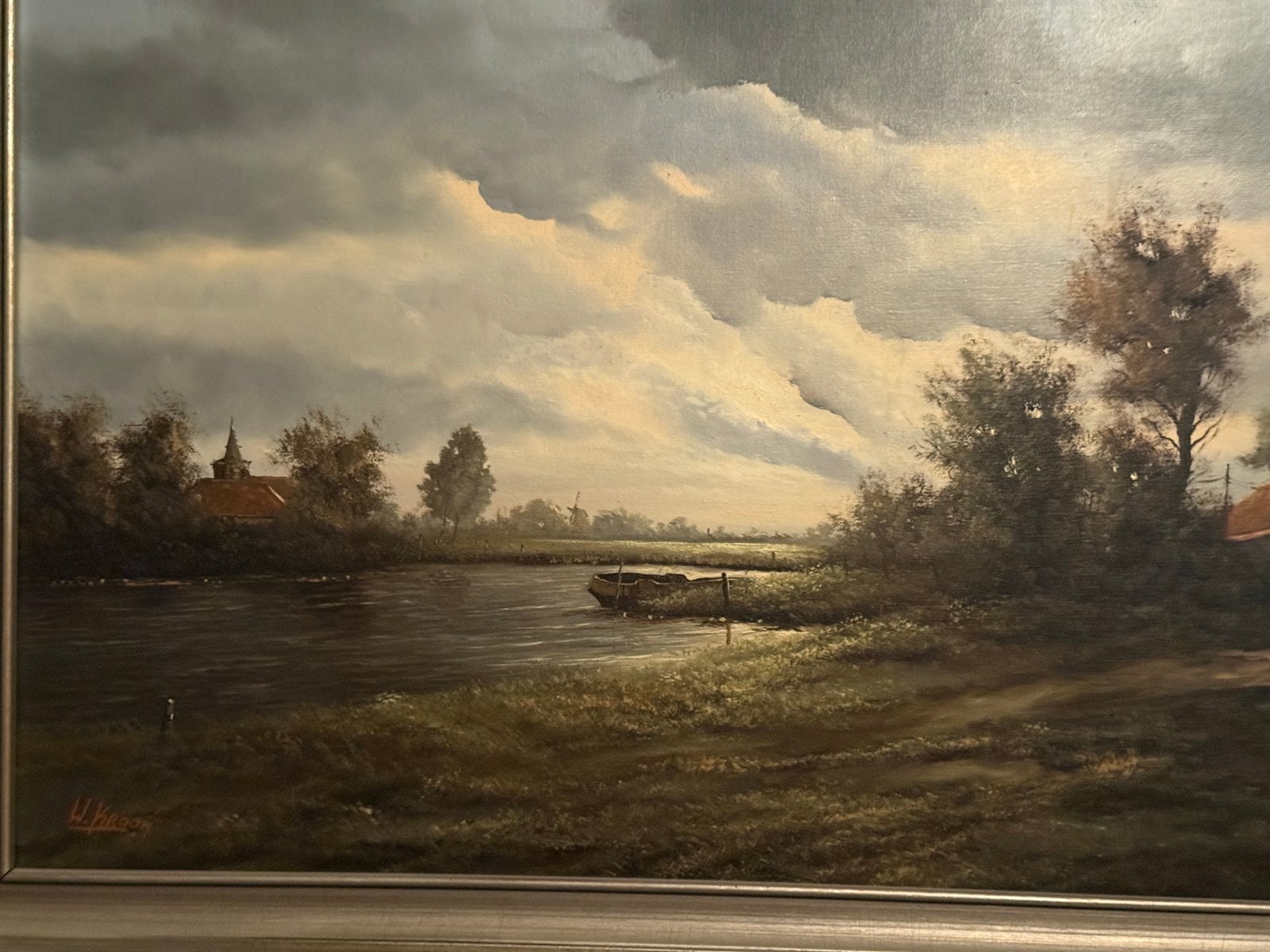 Schilderij W. Kroon - Hollands Landschap met Water en Kerk, Ophalen, Doek, Gesigneerd, Landschap