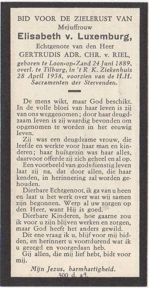 Elisabeth van Luxemburg 1889 Loon op Zand + 1938 Tilburg, Verzenden