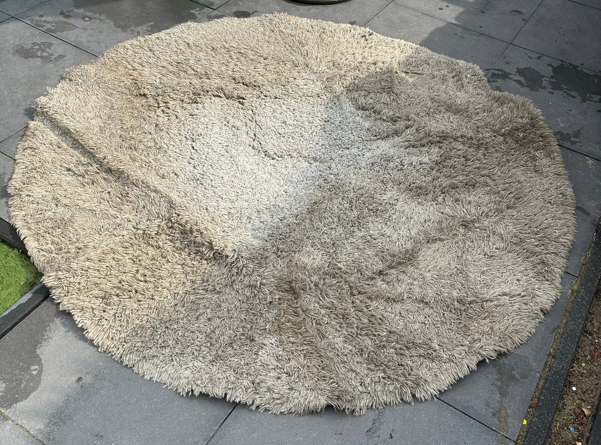 Gratis Rond vloerkleed, beige/bruin, hoogpolig, Huis en Inrichting, Stoffering | Tapijten en Kleden, Ophalen, Gebruikt, 100 tot 150 cm