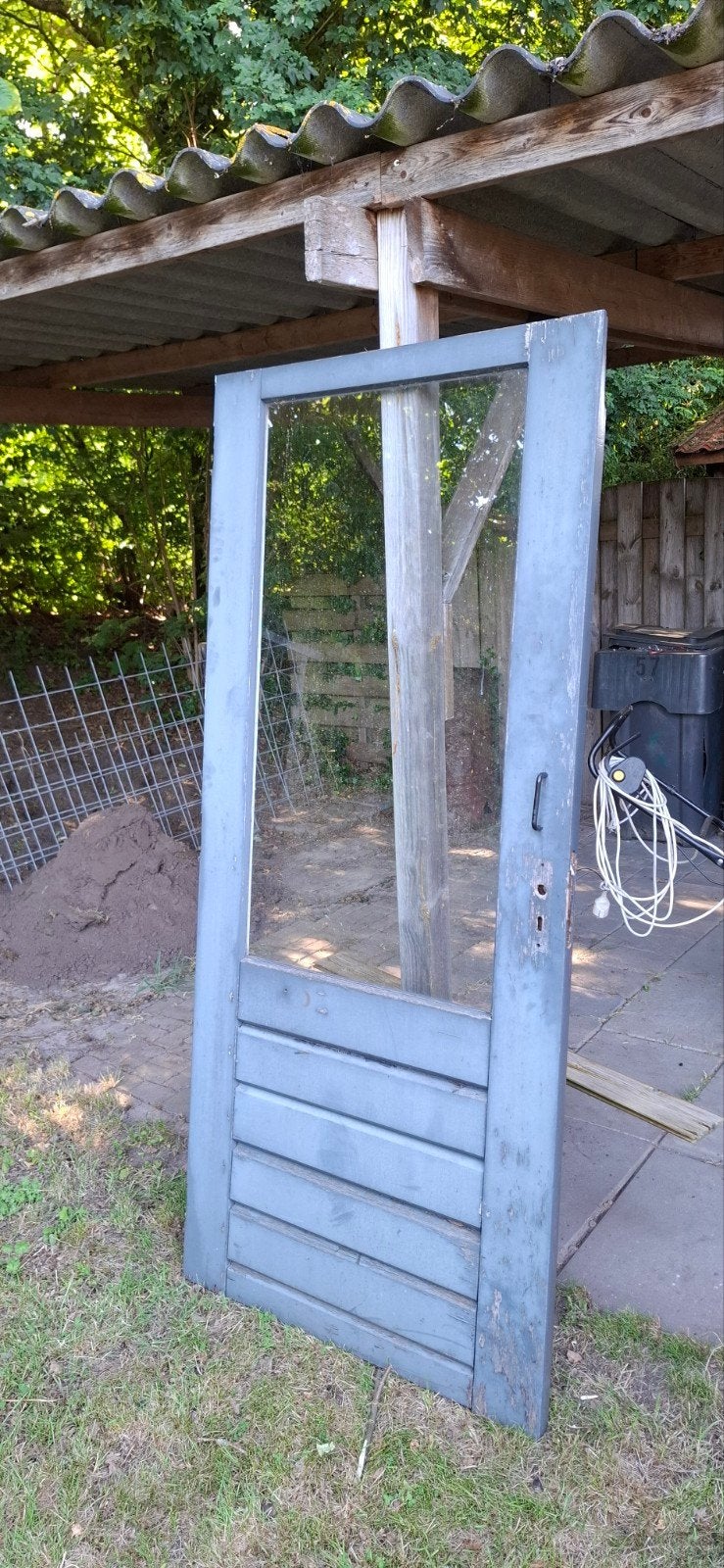 Schuurdeur met glas en houten panelen, Doe-het-zelf en Verbouw, Deuren en Horren, Ophalen, Gebruikt, 80 tot 100 cm, Buitendeur