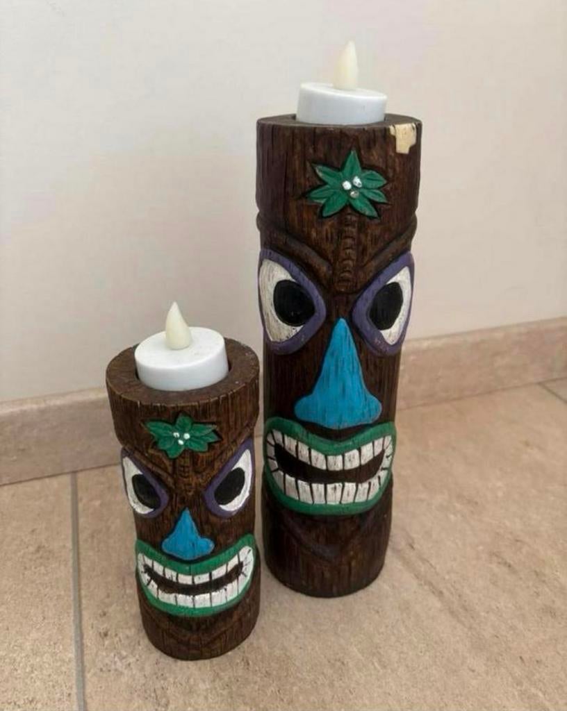 2 houten tiki waxinelichthouders, Gebruikt, Bruin, Ophalen of Verzenden, Hout