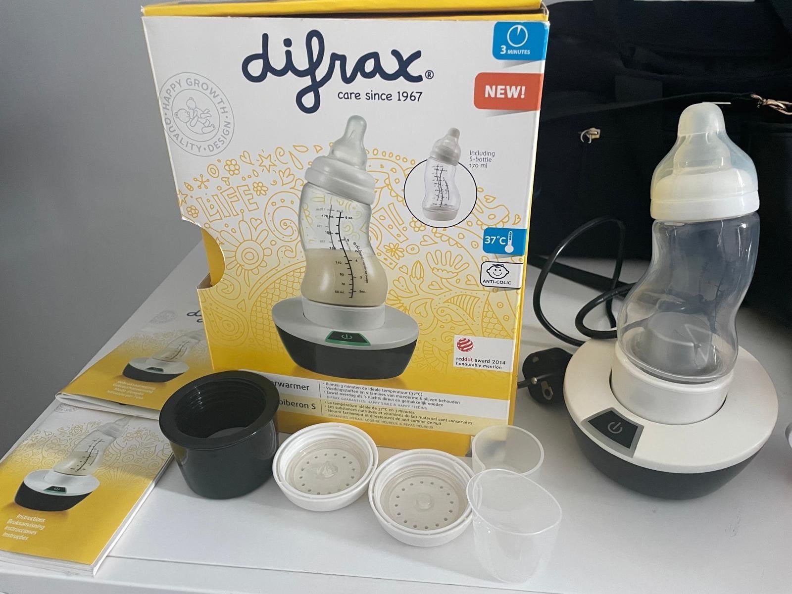 Difrax Flessenwarmer met fles, Ophalen, Zo goed als nieuw, Flessen- of potjesverwarmer