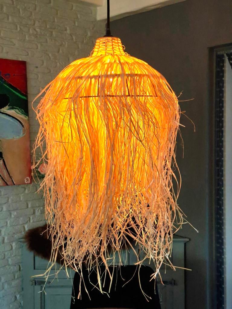 Raffia Hanglamp Ibiza Strand Vibes, Ibiza, Bohemian, Strand, Natuurlijk, Nieuw, Ophalen of Verzenden, 75 cm of meer