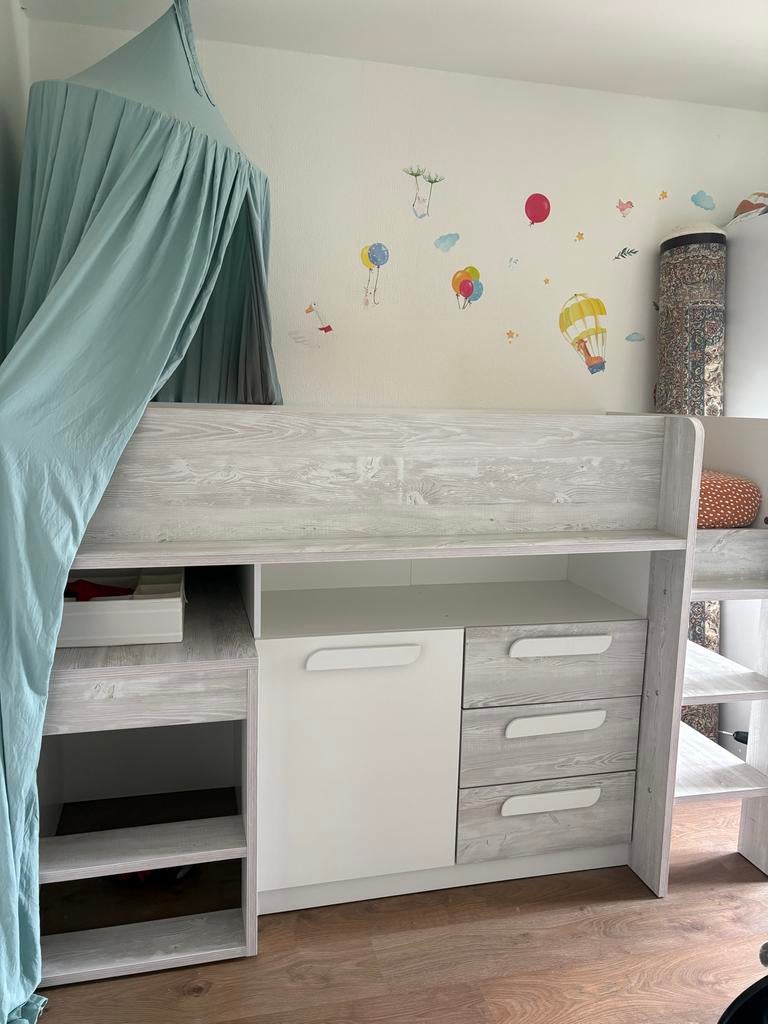 Stevige Halfhoogslaper met bureau en opbergruimte, Gebruikt, 90 cm, Eenpersoons, Minder dan 160 cm