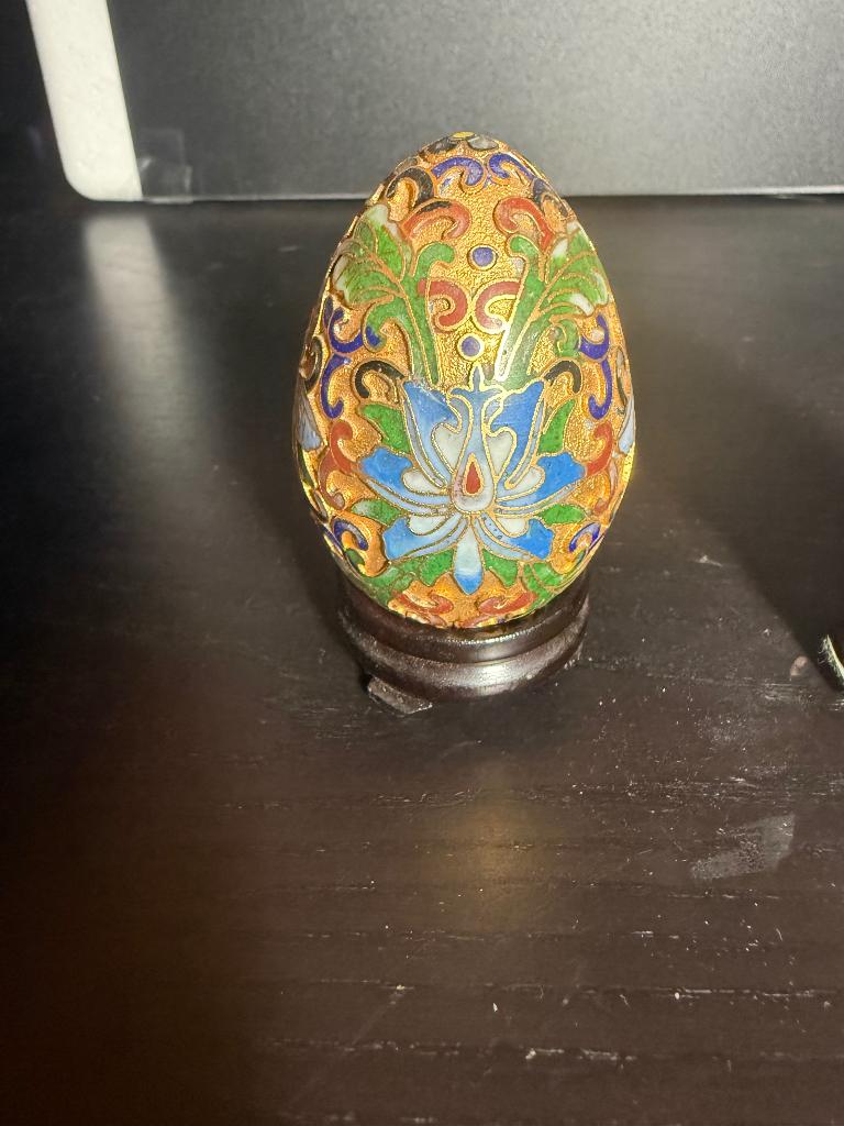 Vintage Reliëf Emaille Cloisonné Ei Bloemmotief Goud op Hout, Ophalen of Verzenden