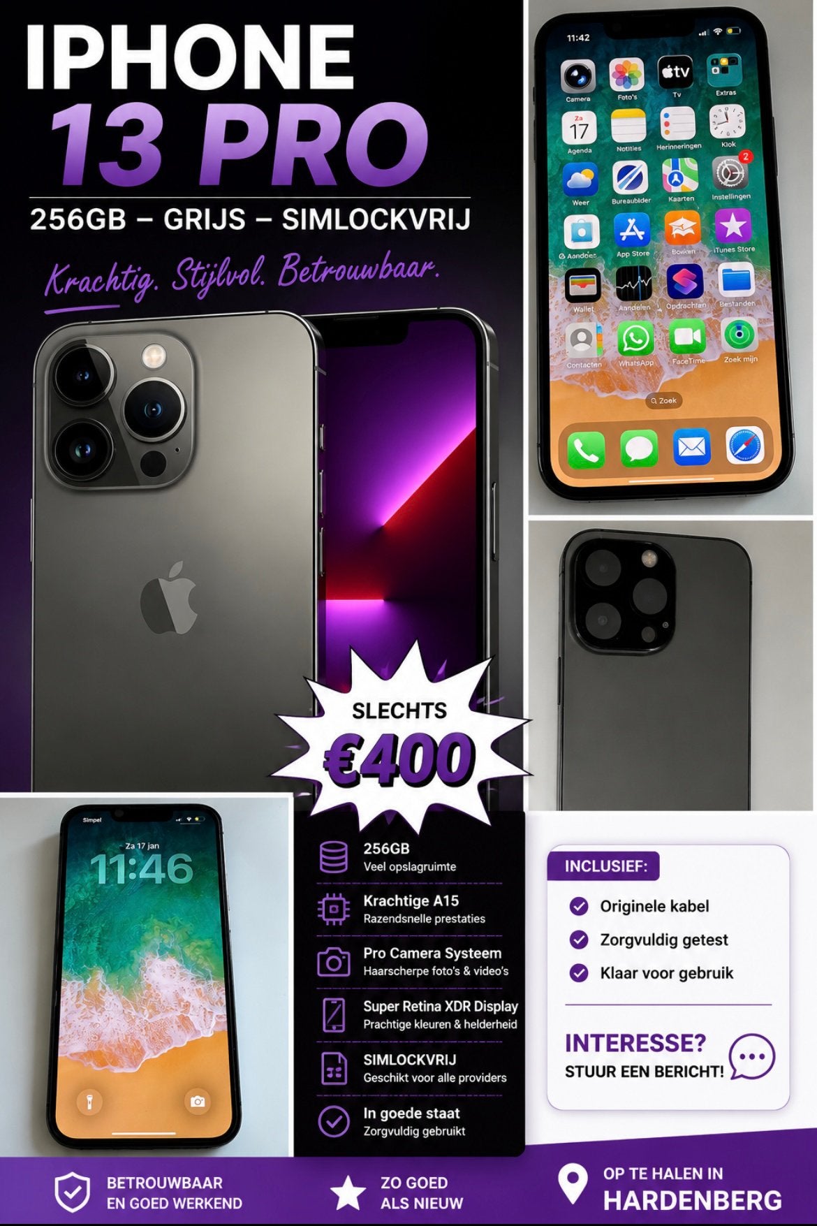 iPhone 13 Pro 256GB  GRIJS-ZWART, Telecommunicatie, Mobiele telefoons | Apple iPhone, 256 GB, Gebruikt, Ophalen of Verzenden, 76 %