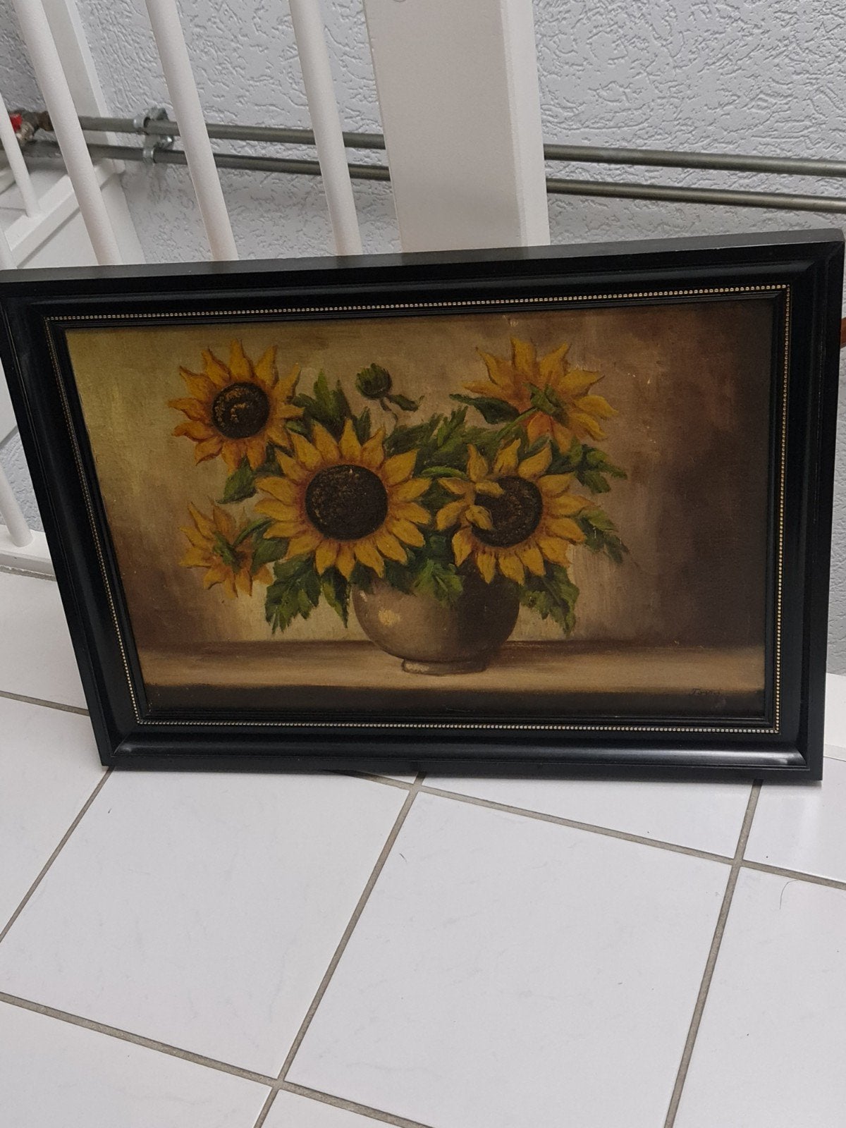 Schilderij zonnebloemen in zwarte lijst met goud kleurige kr, Antiek en Kunst, Kunst | Schilderijen | Klassiek, Ophalen