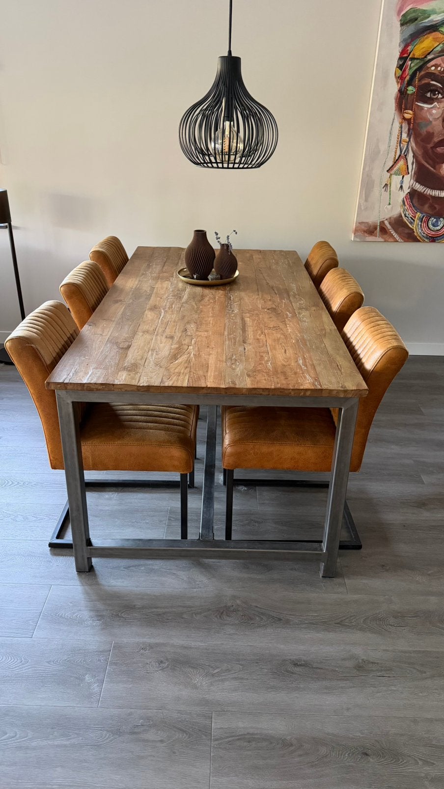 Eettafel teak industriële look, Huis en Inrichting, Complete eetkamers, Zo goed als nieuw, 4 tot 6 stoelen, Ophalen