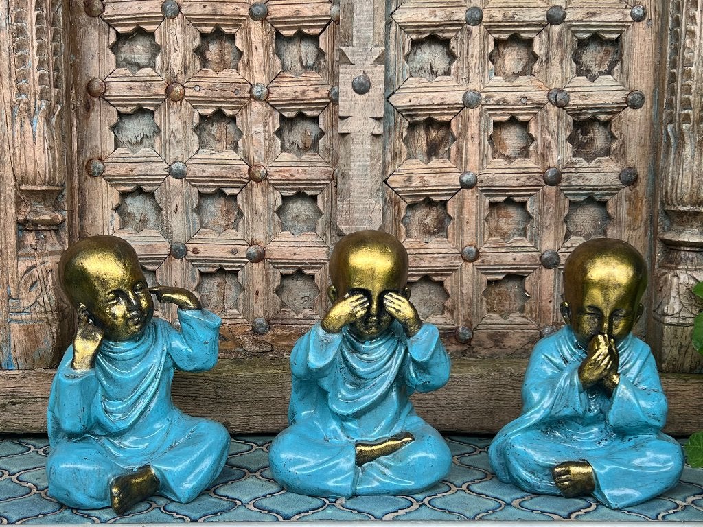 Horen zien zwijgen boeddha monnik set blauw, Ophalen of Verzenden, Nieuw, Religie