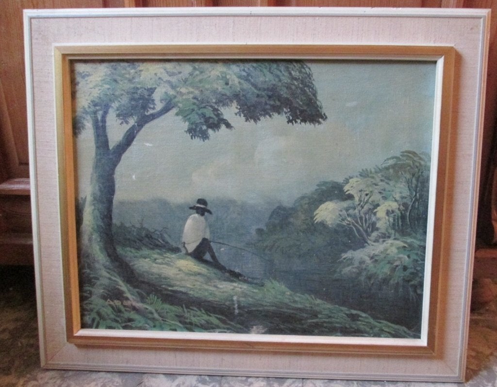 Indisch Schilderij Indonesië Gesigneerd Visser onder Boom, Ophalen of Verzenden