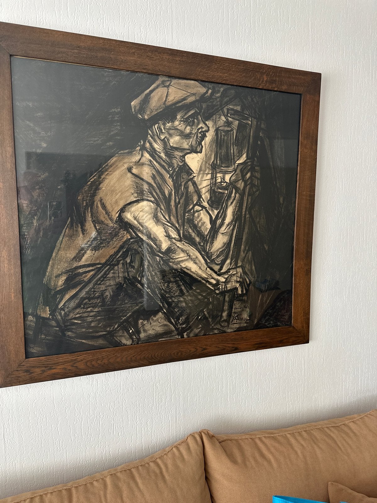 Ingelijste tekening van Jan Toorop “mijnwerker met lamp, Antiek en Kunst, Kunst | Tekeningen en Foto's, Tekening, Potloodtekening