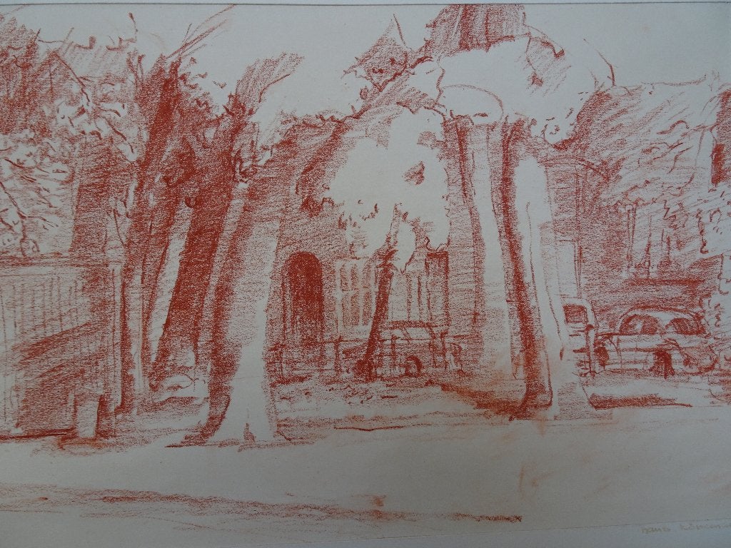 krijttekening Tilburg Sous Bois bomen bij kerk Hans Könemann, Verzenden, Tekening, Krijttekening, Origineel