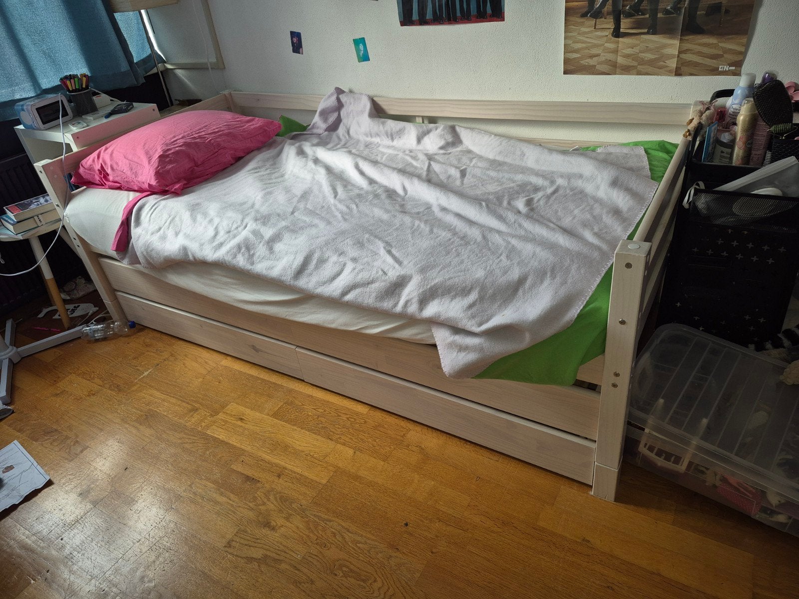 Eenpersoonsbed met onderschuifbed, Huis en Inrichting, Ophalen, Gebruikt, 90 cm, Wit