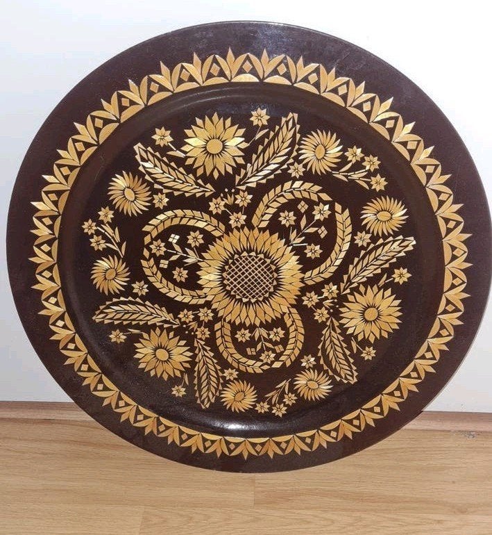 Vintage Wandbord Russisch Stro Inlegwerk 44cm USSR 1991, Ophalen, Goud, Hout, Handgemaakt
