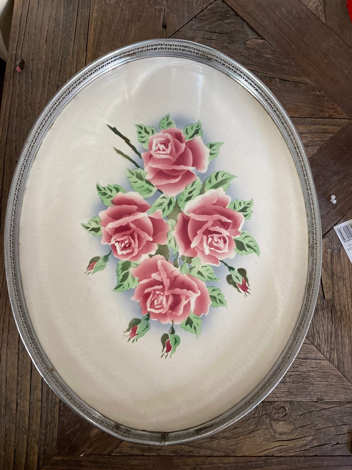 Vintage ovale dienblad met rozenprint, Antiek en Kunst, Ophalen of Verzenden