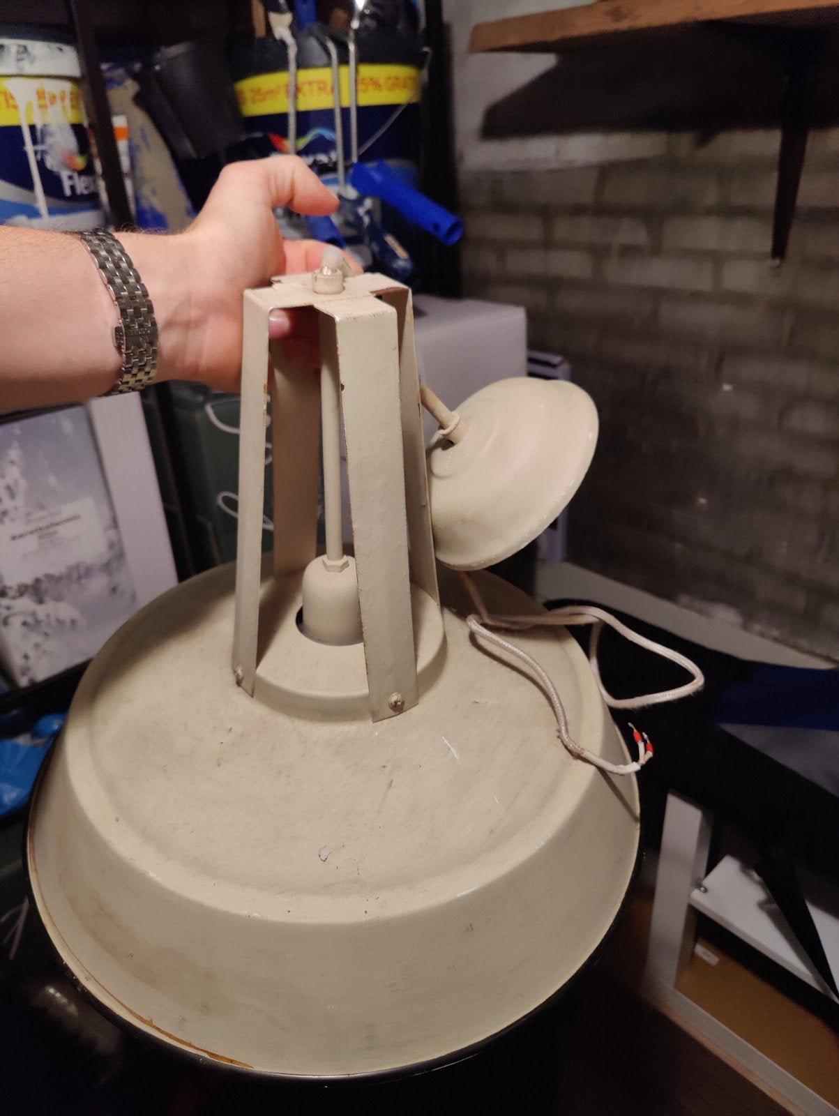 Vintage Industriële Hanglamp - Crème Wit Metaal, Ophalen, Gebruikt, Minder dan 50 cm, Industrieel, Vintage