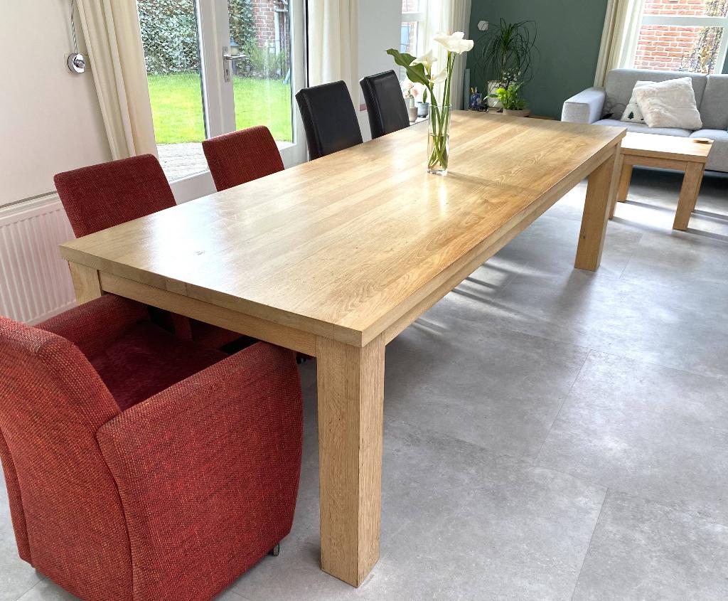 Prachtig grote eiken tafel - uitschuifbaar  10 - 14 personen, Ophalen, Gebruikt, Eikenhout, 200 cm of meer