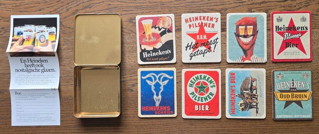 Heineken Blikje met 8 Nostalgische Bierviltjes - UNUSED, Ophalen of Verzenden, Viltje(s), Heineken
