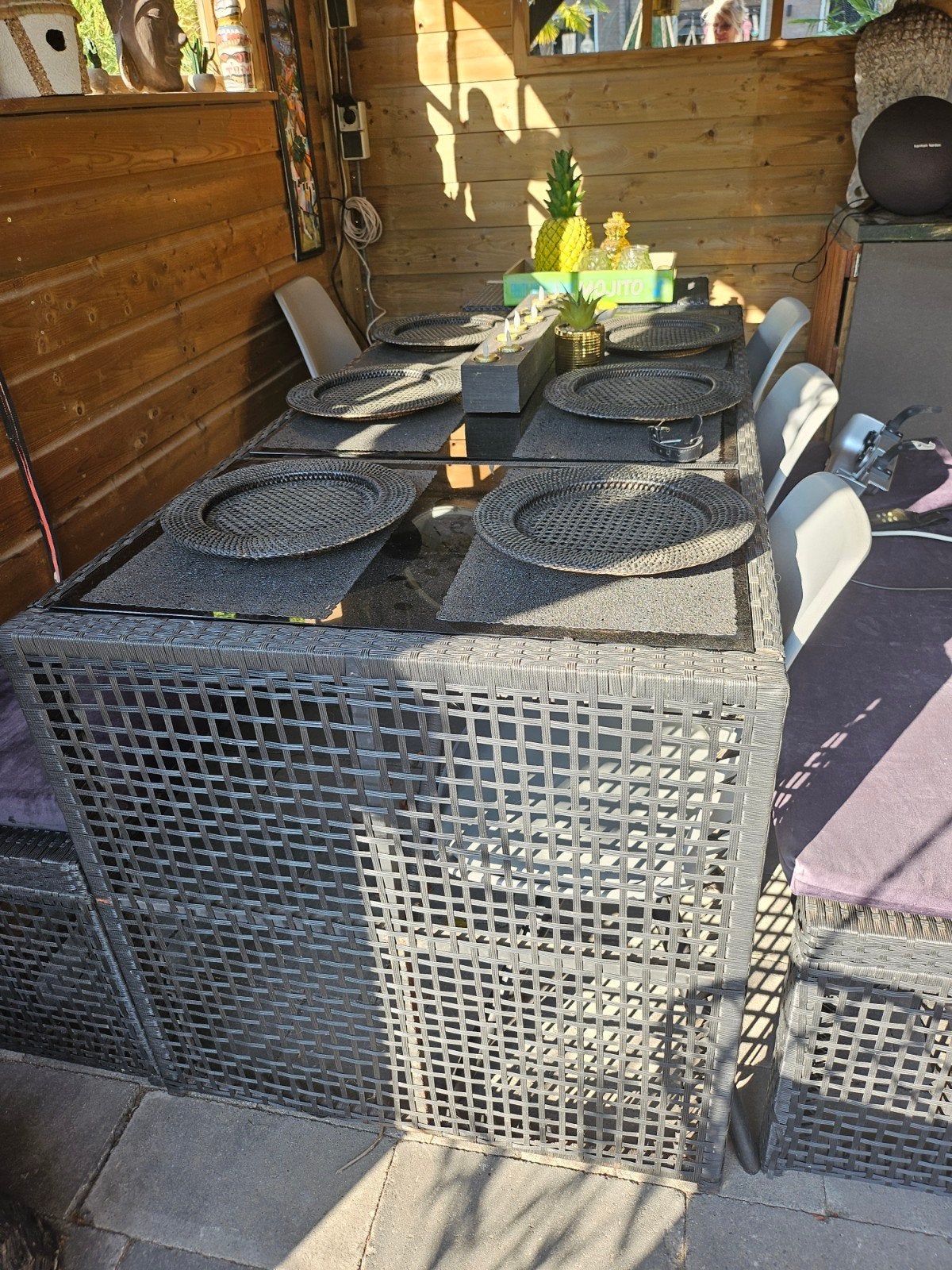 zwarte kunststof rotan eettafel met glasplaatjes 3 stuks., Tuin en Terras, Tuinsets en Loungesets, Ophalen, Kunststof, Eettafel