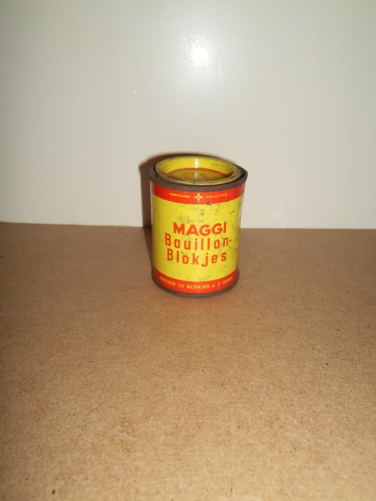 Heel oud Maggi bouillonblokje blik,leuke oude tekst,vintage, Ophalen of Verzenden, Gebruikt, Verpakking