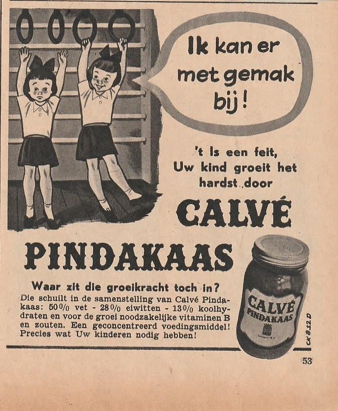 Retro reclame 1952 Calvé pindakaas meisjes gymnastiek, Verzenden, Overige typen