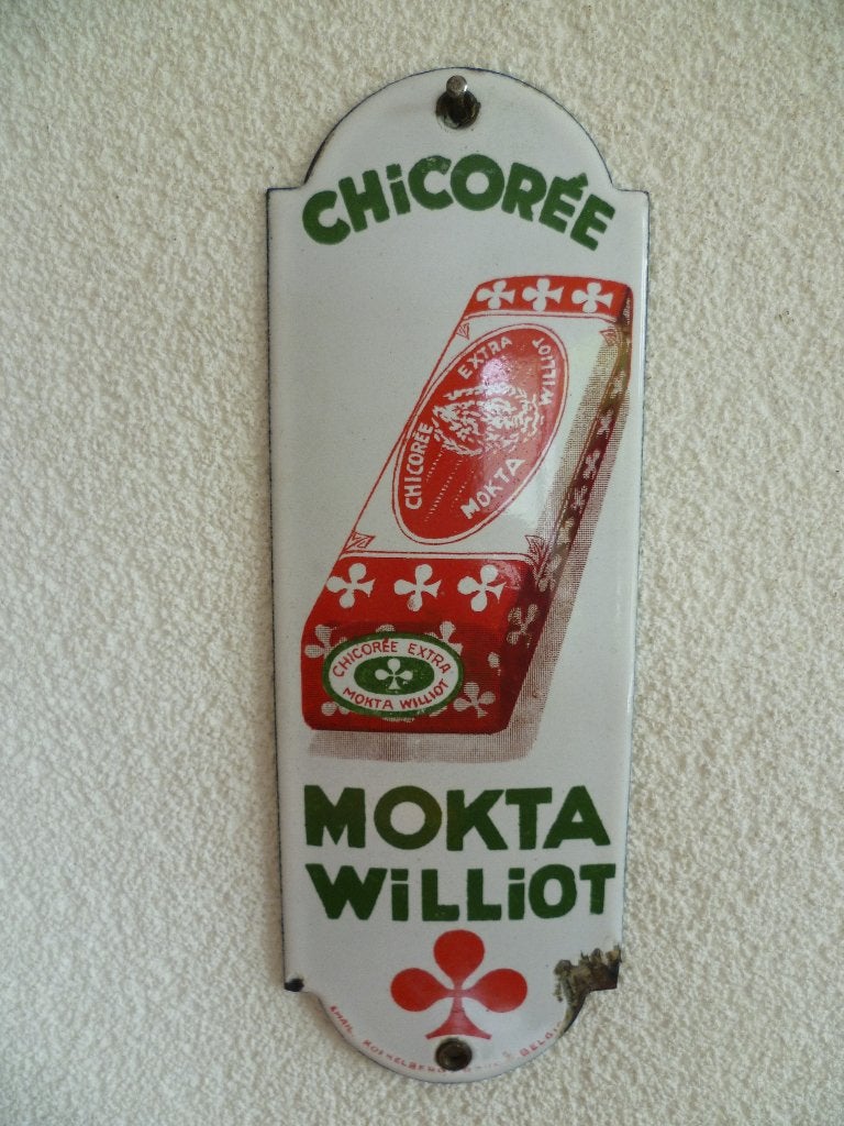 EMAILLE DEURPOSTJE"CHICOREE MOKTA WILLIOT"UIT JAREN 30, Ophalen of Verzenden, Gebruikt, Reclamebord