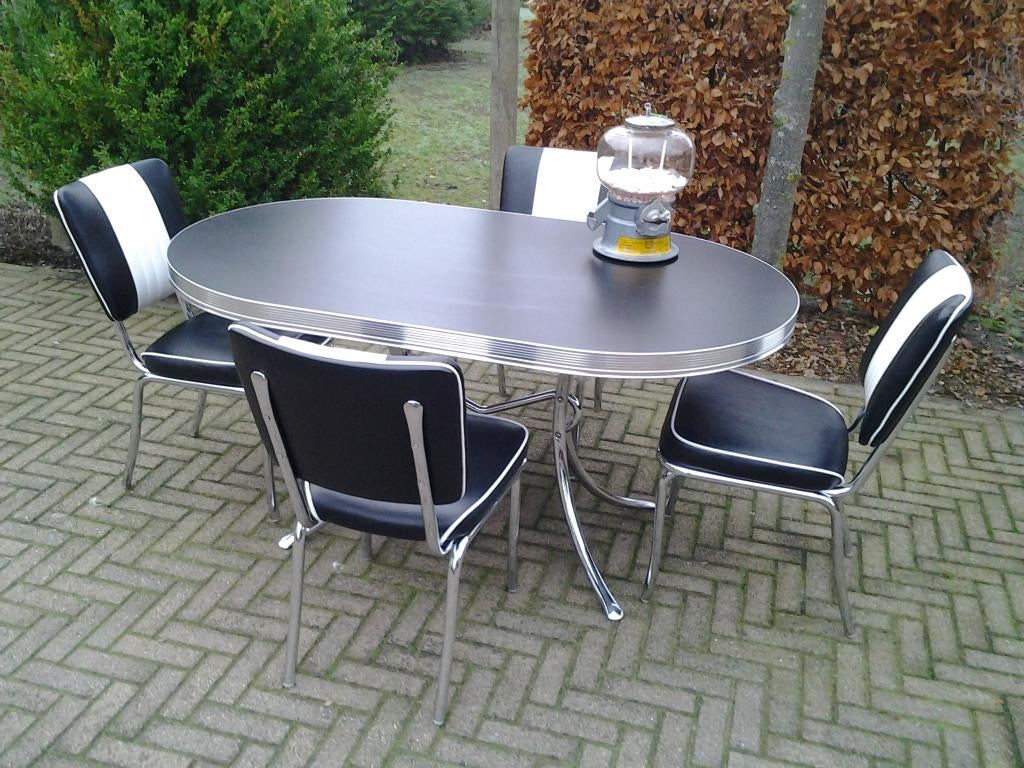 Amerikaanse Bel Air diner tafel + 4 stoelen sixties fifties, Huis en Inrichting, Stoelen, Ophalen, Zwart, Zo goed als nieuw, Vier