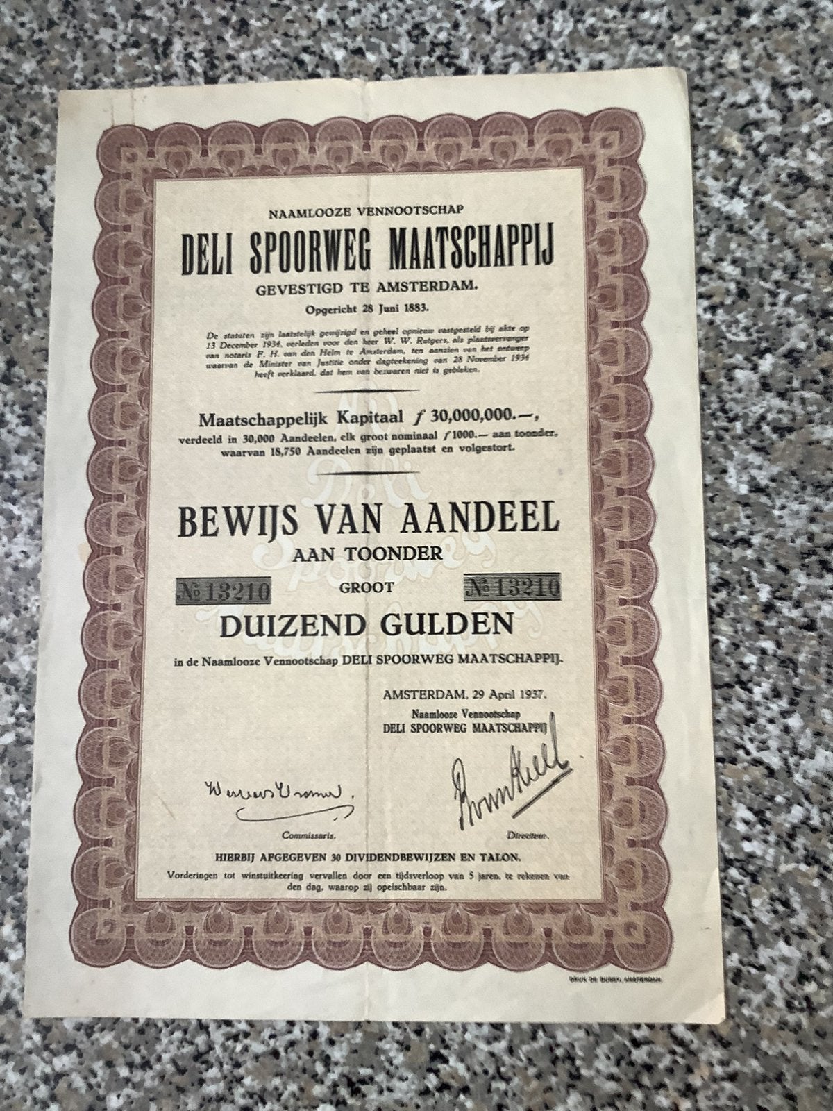 Bewijs van aandeel  deli spoorweg maatschappij, Ophalen of Verzenden, 1920 tot 1950, Aandeel