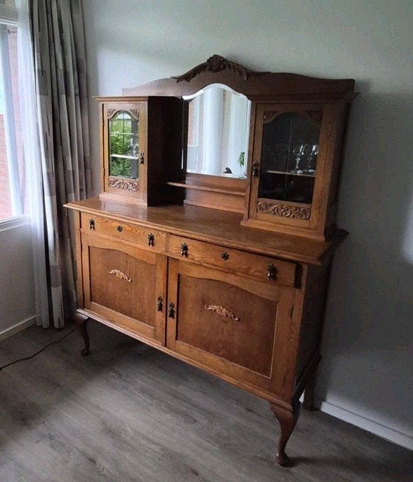 Antiek dressoir met spiegel en vitrinekasten, Antiek en Kunst, Ophalen