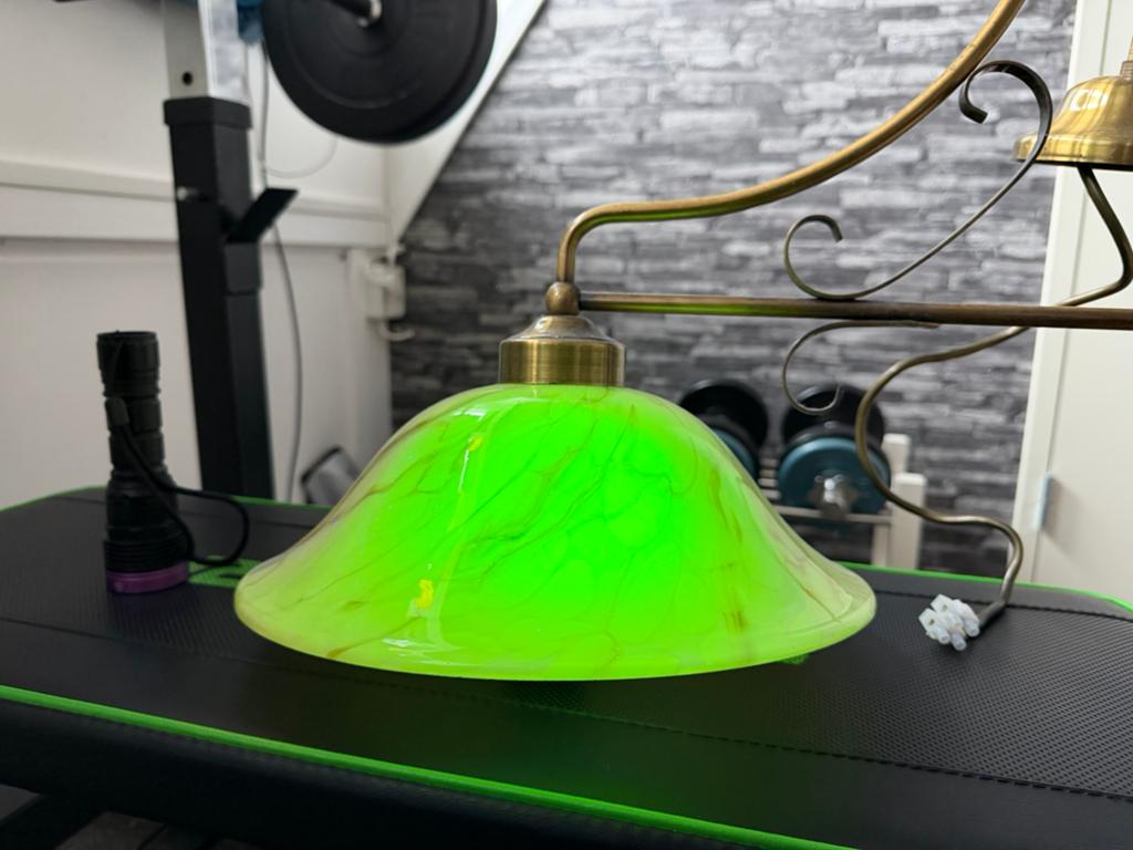 Vintage hanglamp met marmerlook uraniumglas kappen, Ophalen, Glas