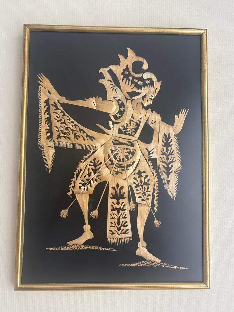 Ingelijste Balinese Wayang Kulit rijststro kunst, Ophalen of Verzenden