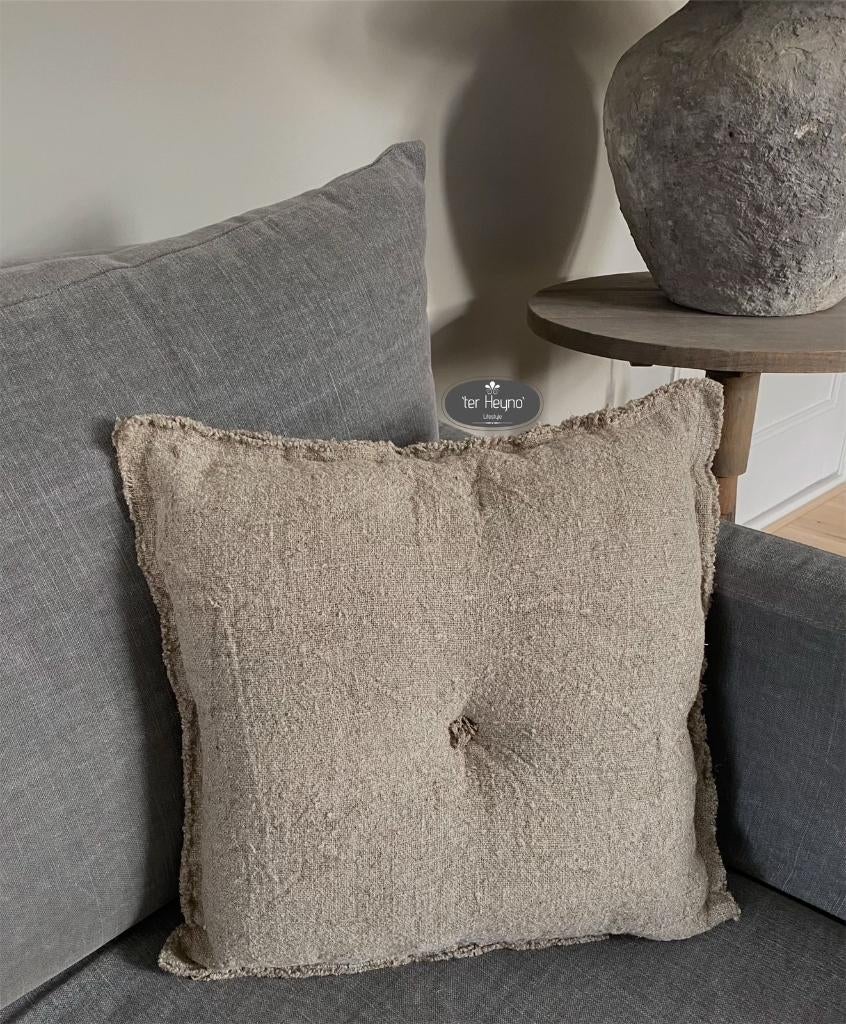 Shabby linnen kussen naturel knoop stoer sober landelijk, Verzenden, Nieuw, Overige kleuren, Vierkant