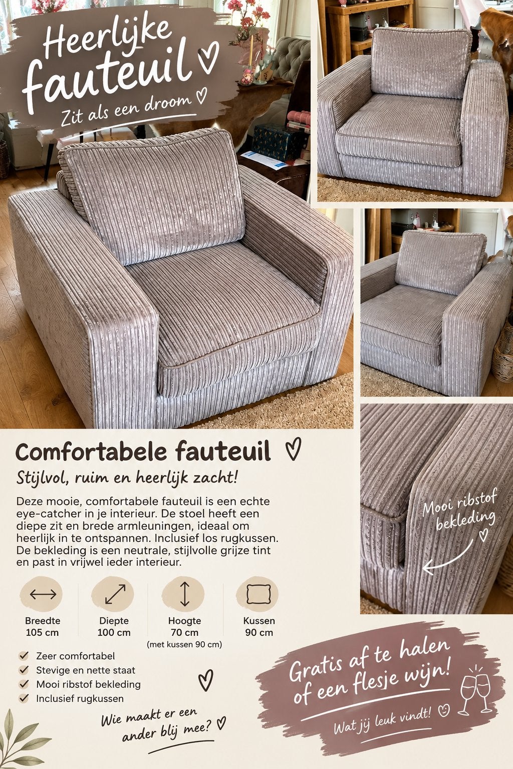 Fauteuil, Ophalen, Gebruikt, 100 tot 125 cm, 100 tot 125 cm