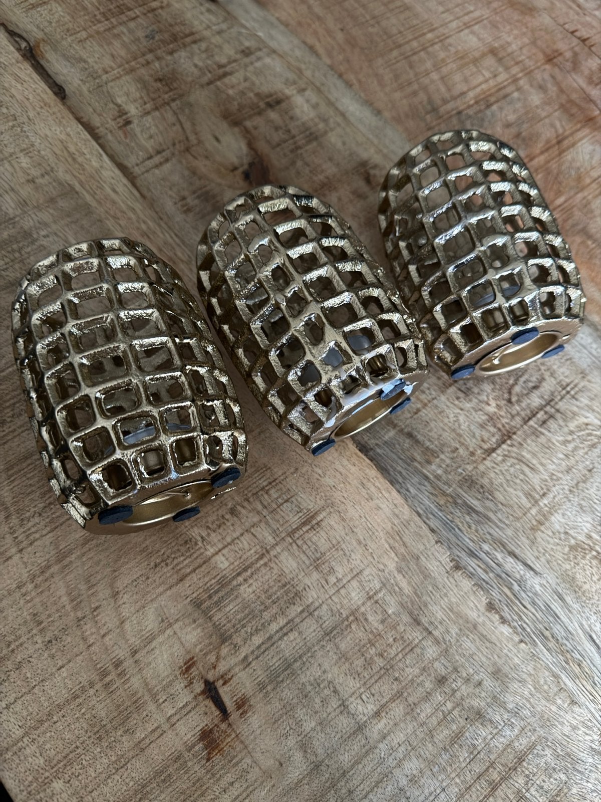 Set van 3 gouden waxinelichthouders, Gebruikt, Waxinelichthouder, Ophalen of Verzenden, Metaal