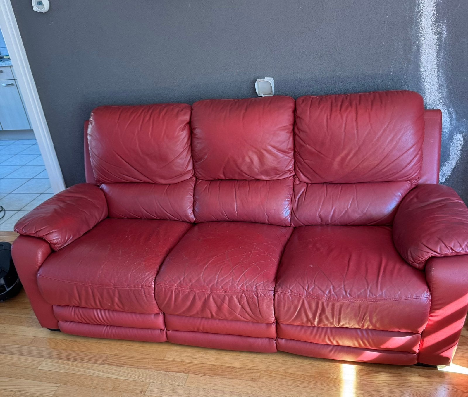 Complete rode leren bankstel 3-zits 2-zits + fauteuil, Huis en Inrichting, Banken | Bankstellen, Ophalen, Gebruikt, Minder dan 75 cm