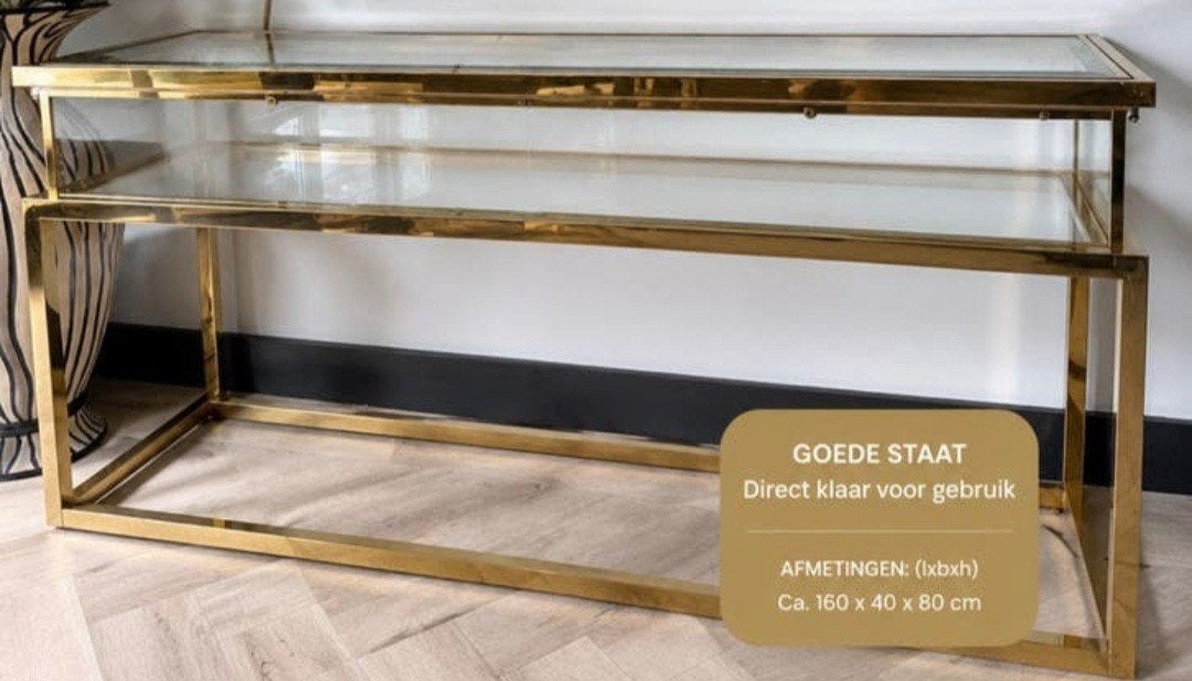 Eichholtz bijzettafel - Goudkleurig metaal en glas, Huis en Inrichting, Tafels | Bijzettafels, Zo goed als nieuw, Rechthoekig