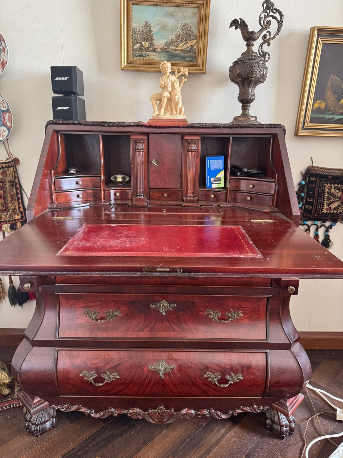 Antiek mahonie secretaire met rood lederen blad, Huis en Inrichting, Kasten | Secretaires, Ophalen