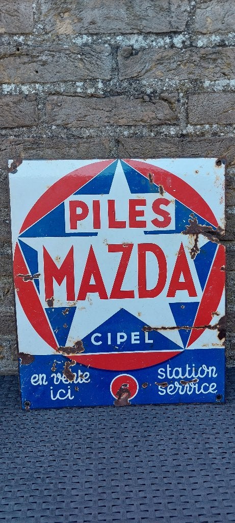 Origineel Emaillebord Piles Mazda, Ophalen of Verzenden, Nieuw, Reclamebord