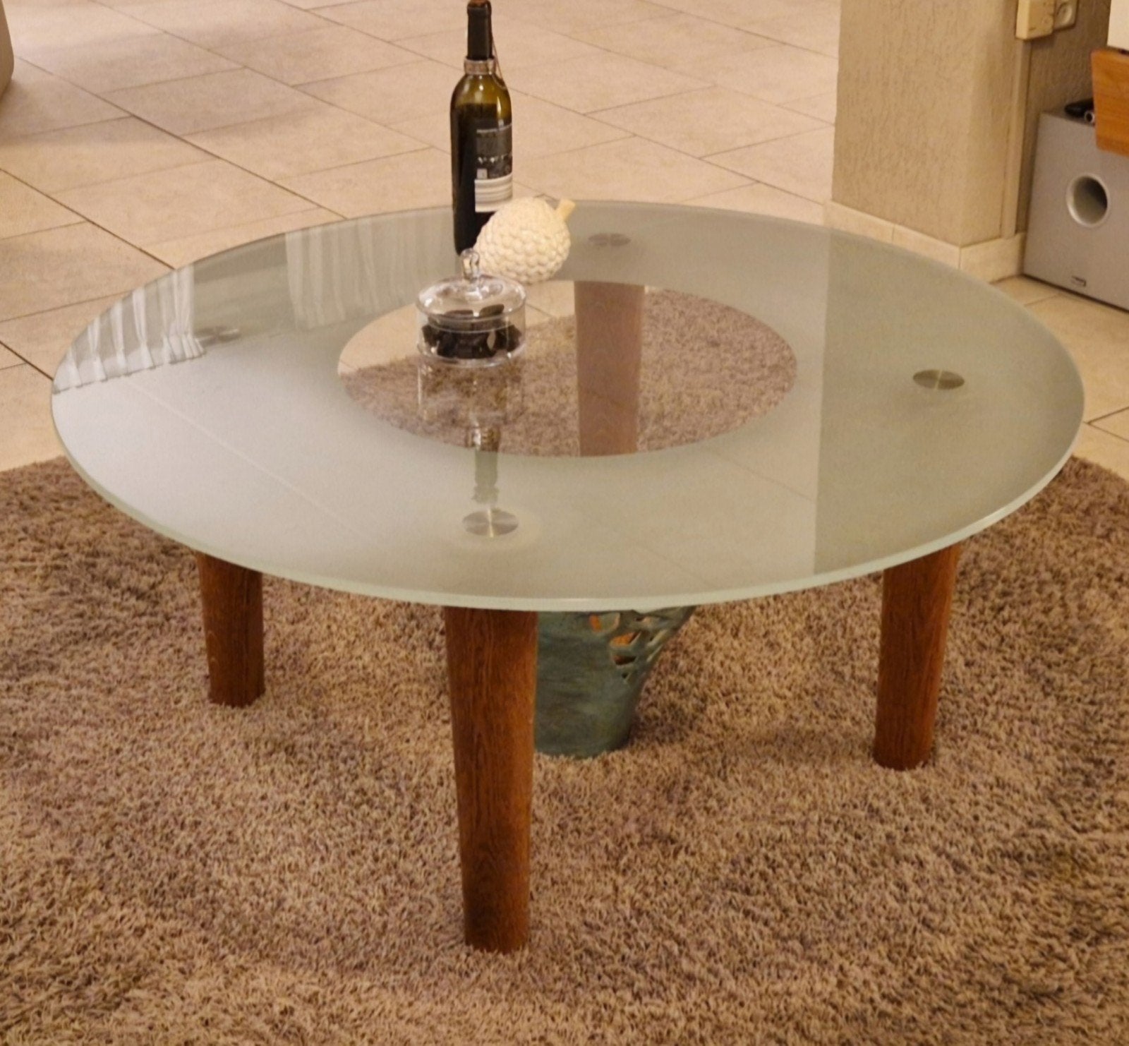Glazen Salontafel met Houten Poten, Ophalen, Modern, Klassiek, Rond, Overige houtsoorten