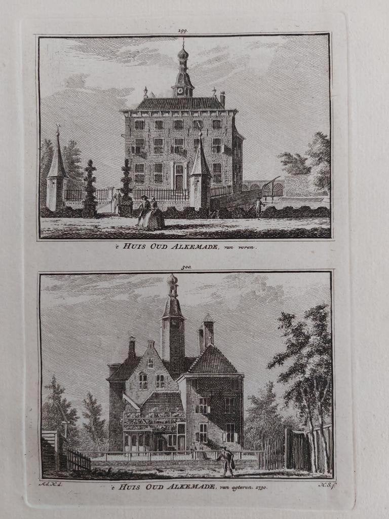 299-300 / 't Huis Oud Alkemade te Warmond Gravure 18e eeuw, Antiek en Kunst, Kunst | Etsen en Gravures, Ophalen of Verzenden
