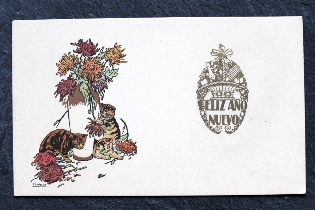 Poezen spelend rondom nieuwjaarsvaas, afwijkend formaat, Verzenden, Voor 1920, Ongelopen, Feest(dag)