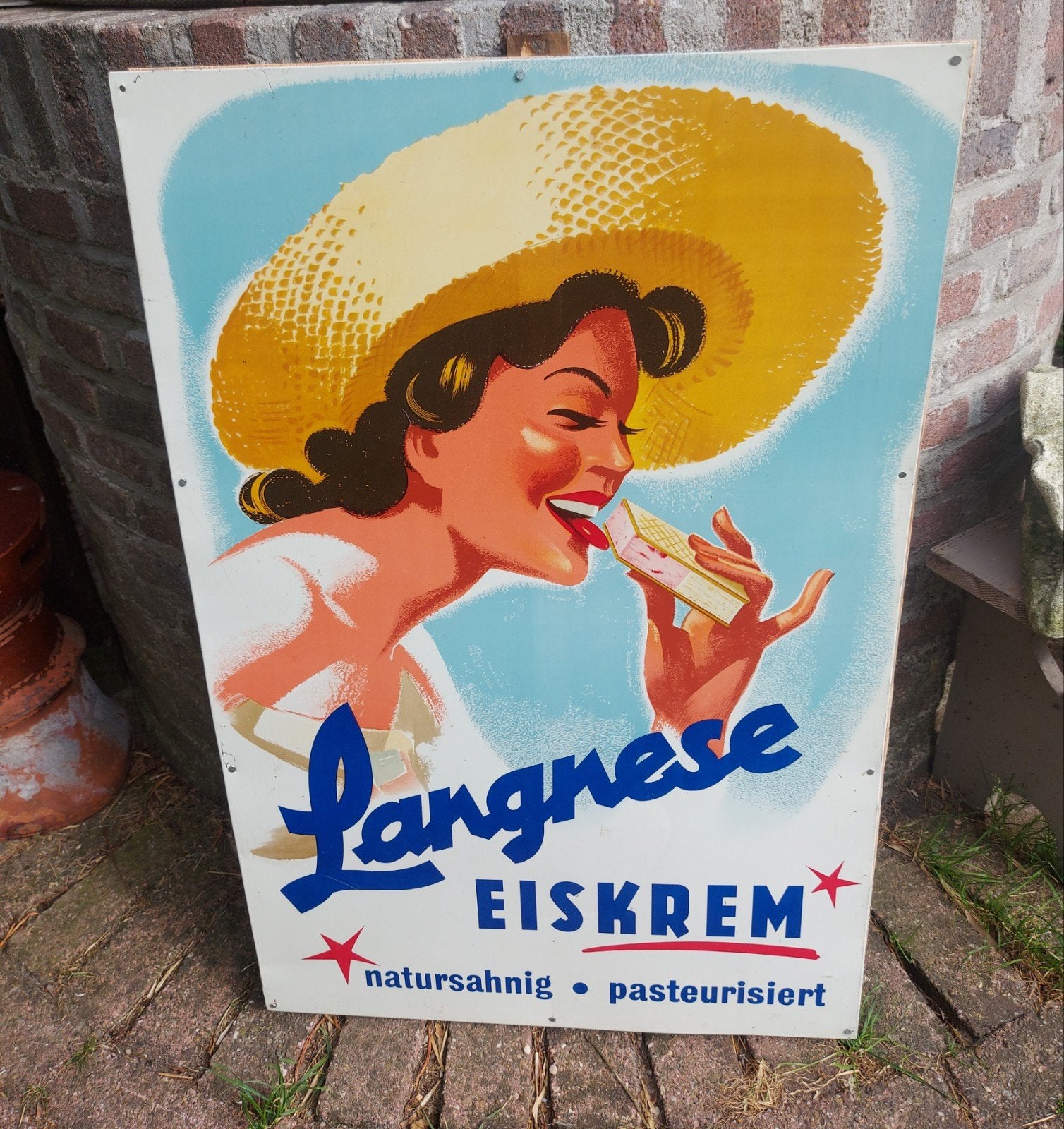 Orgineel oud reclamebord uit de ijssalon 1955 Langnese ijs, Ophalen of Verzenden, Gebruikt, Reclamebord